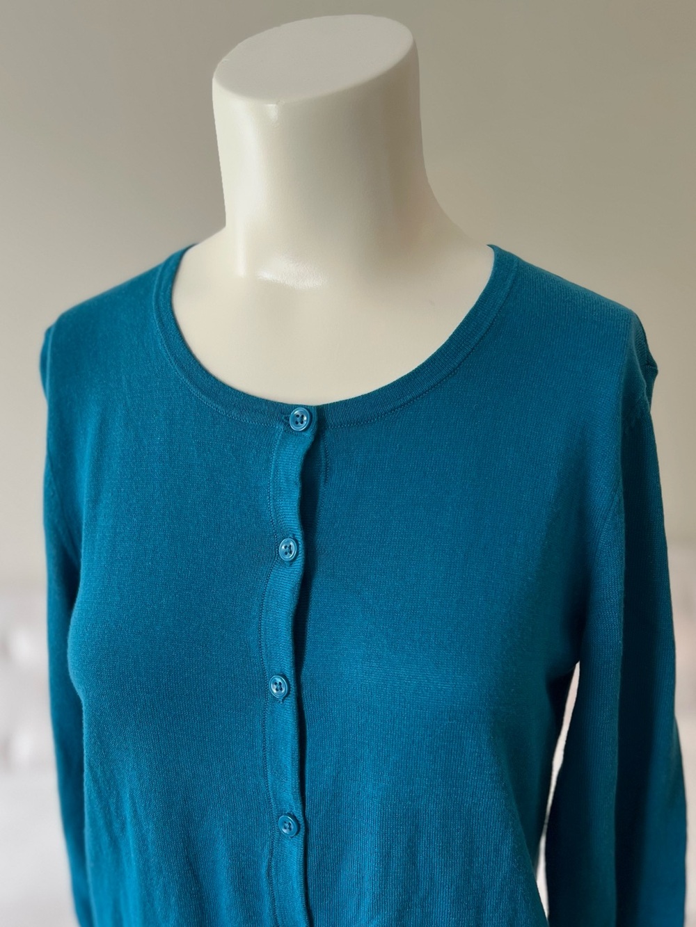 Ann Taylor 100% Cotton Cardigan Sweater Teal Peacock Blue Crew Neck Button Front